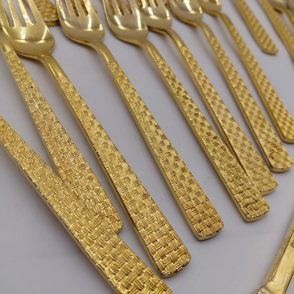 Stanley Roberts Inc. Gold Flatware Stainless Japan Golden Basket Weave 47 Pcs
